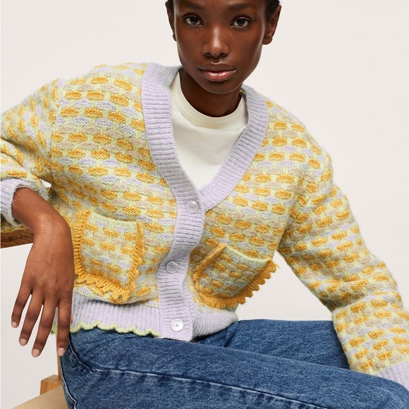 Mango Multi Color Knit Cardigan Size XS Women’s Woven Tweed Pockets Eclectic - Picture 8 of 8